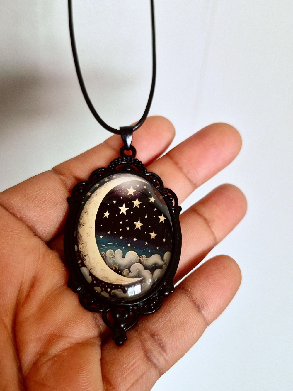 Black Crescent Moon & Stars Pendant Necklace - Celestial Statement